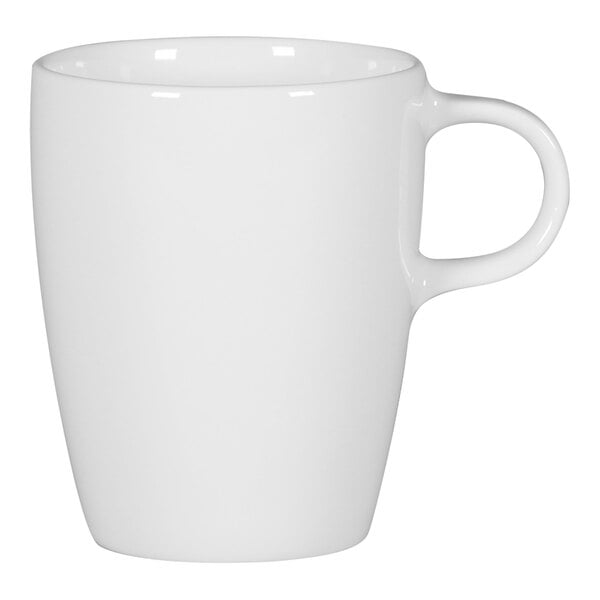 A RAK Porcelain white coffee cup with a handle.