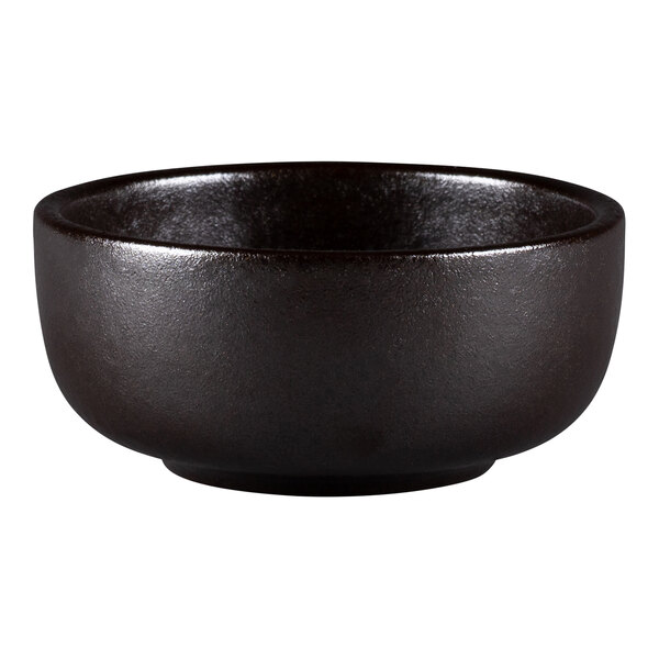 A black Porcelain Ease ramekin with a black rim on a white background.