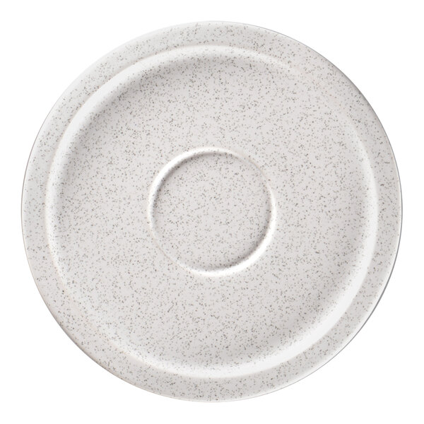 A white RAK Porcelain saucer with a speckled texture.