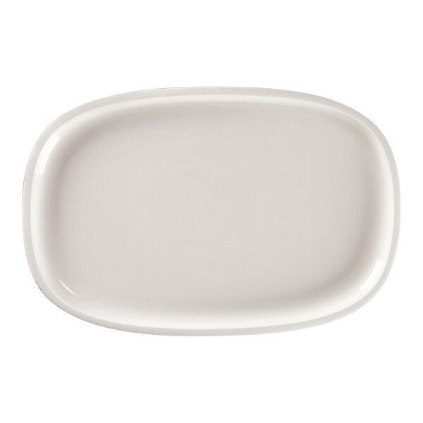 A white rectangular RAK Porcelain plate with two small oval sections.