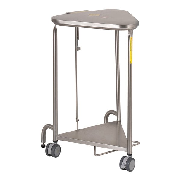 A stainless steel triangular hamper on wheels with a lid.