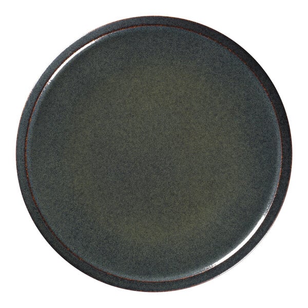 A close-up of a RAK Porcelain dark green caldera plate with a brown rim.