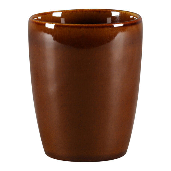 A brown porcelain cup with no handle.