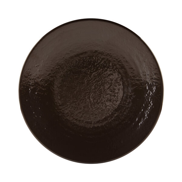 An Elite Global Solutions Aubergine-colored plate with a brown rim.