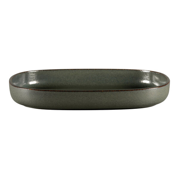 A gray oval RAK Porcelain serving plate with a dark brown rim.