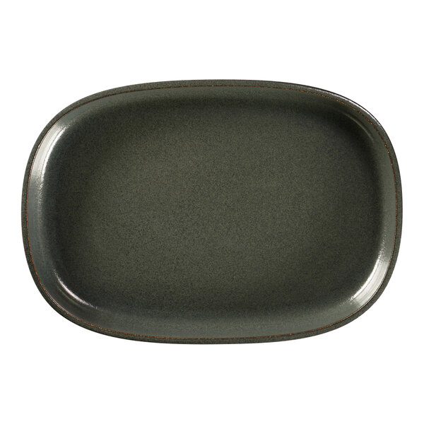 A dark green RAK Porcelain oval plate with a black rim.