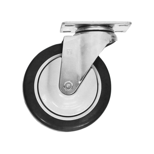A black and white R&B Wire Products, Inc. 5" swivel plate caster wheel.