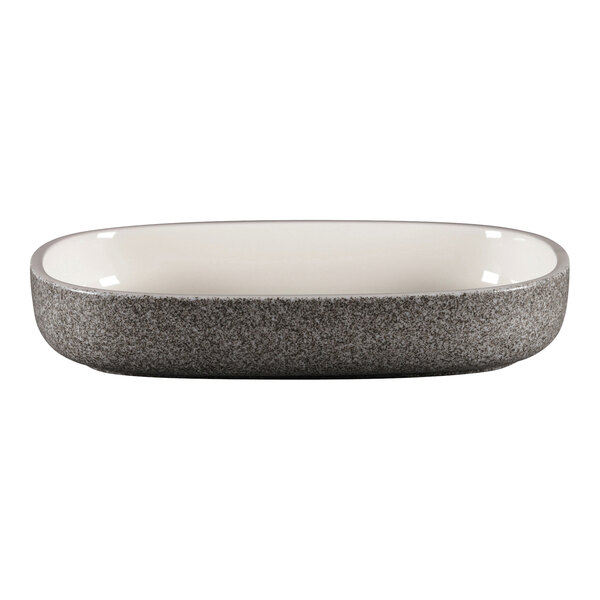 A gray oval porcelain bowl with a white rim.