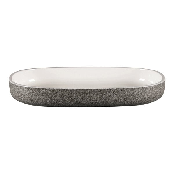 A white and gray oval porcelain dish.