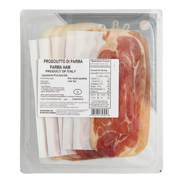 A package of Fontana Ermes Thin-Sliced Italian Prosciutto di Parma DOP with a label.
