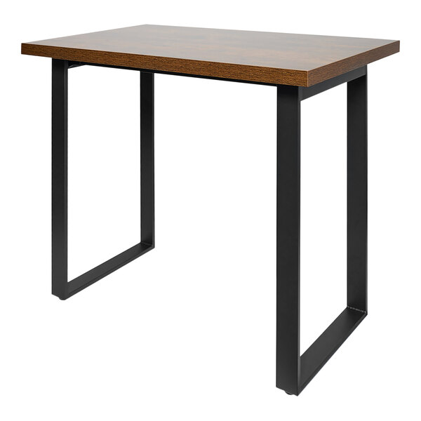 A BFM Seating black powder-coated steel loop frame table base on a wood bar table.