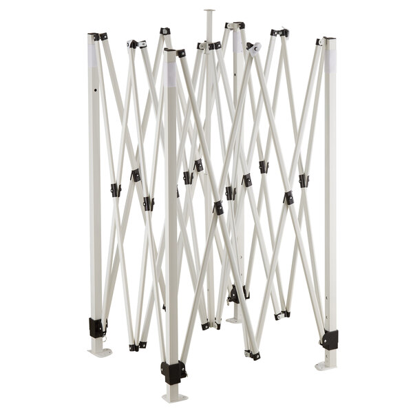 A white metal frame with black handles for a Backyard Pro Courtyard Series Instant Pop Up Canopy Tent.