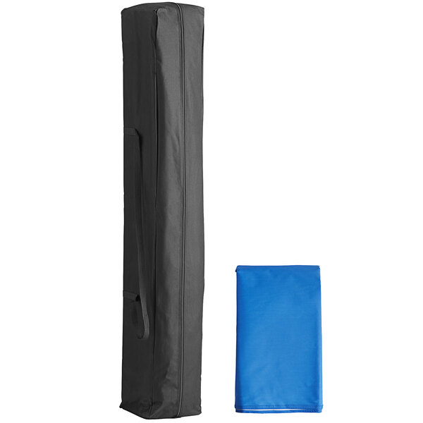 A blue rectangular canopy tent with a blue bag with a white border.