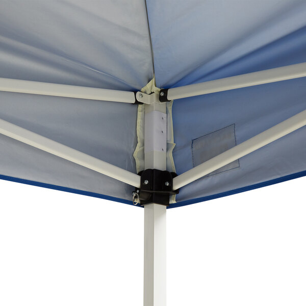 A blue Backyard Pro steel canopy tent with black metal poles.