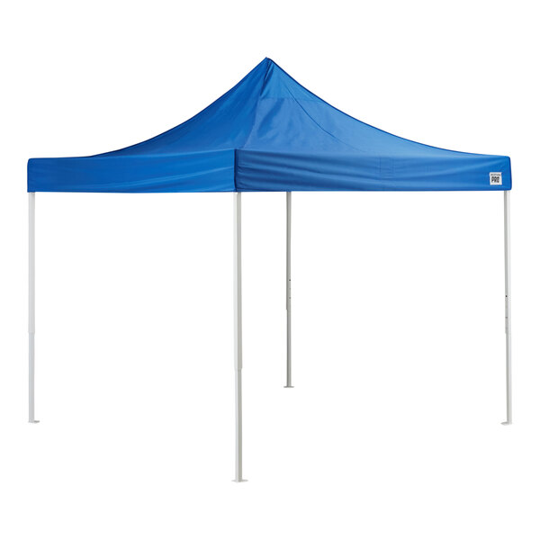 A blue tent with white poles.