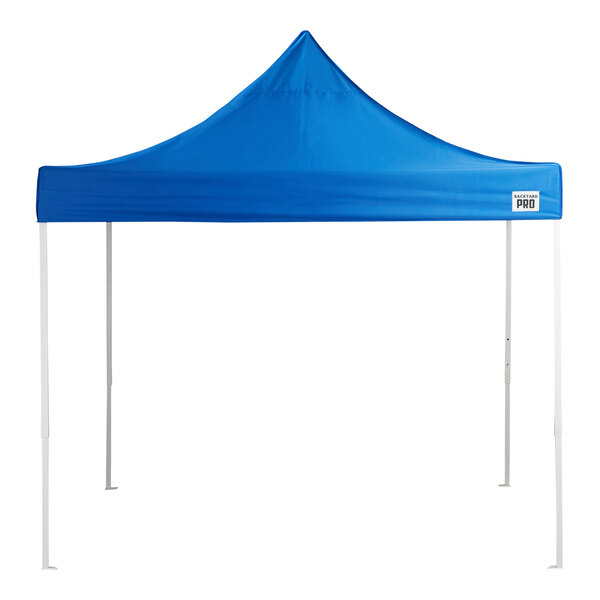 A blue tent with white poles.