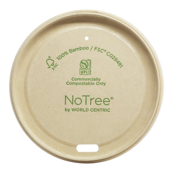 A round white lid with green text that says "World Centric NoTree" on it.