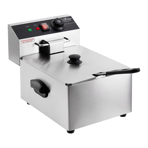 A silver MainStreet Equipment electric countertop fryer with a black handle.