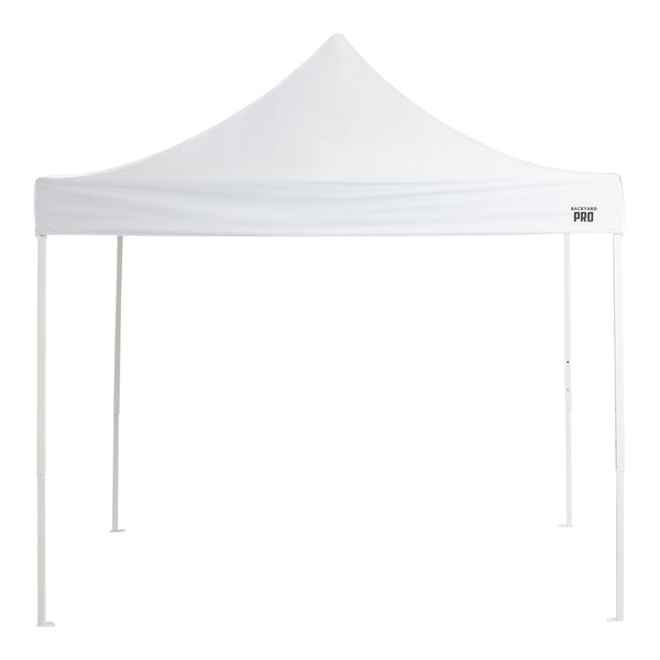 A white rectangular Backyard Pro canopy tent with poles.