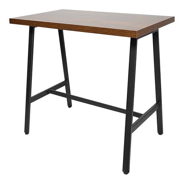 A BFM Seating black powder-coated steel A-frame bar height table base with black legs and a wooden table top.
