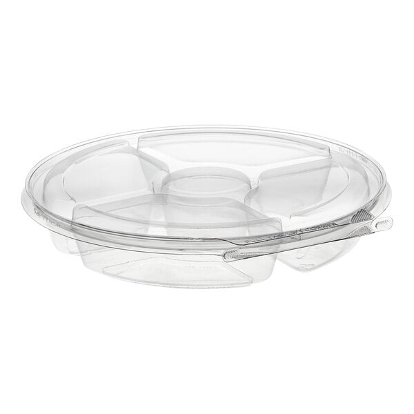 A clear Inline Plastics Safe-T-Fresh plastic round platter with five compartments and a lid.