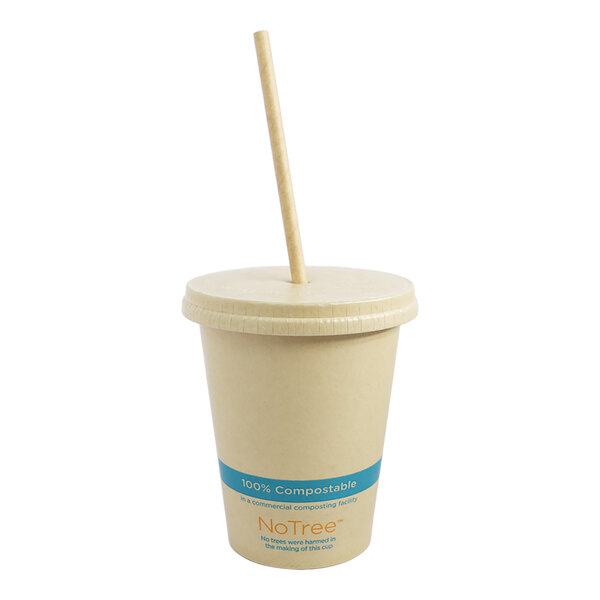 A World Centric compostable bamboo cold cup lid with a straw slot on a paper cup.