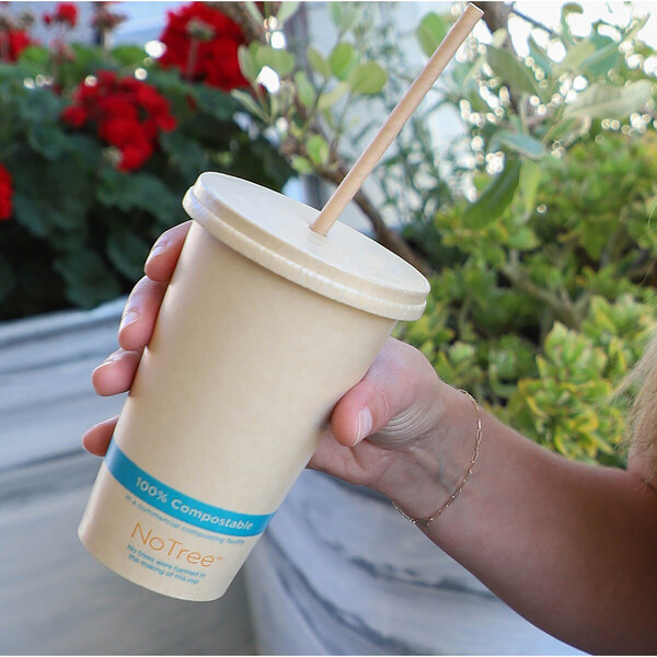 A hand holding a World Centric compostable bamboo cold cup with a straw.