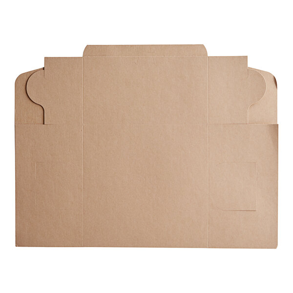 A brown cardboard bakery box with cut out corners.