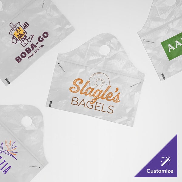 A white standard-duty tamper-evident plastic wavetop bag with customizable printed designs.