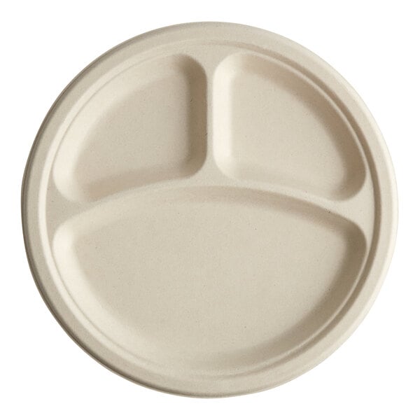 A close-up of a white World Centric compostable plate with three sections.