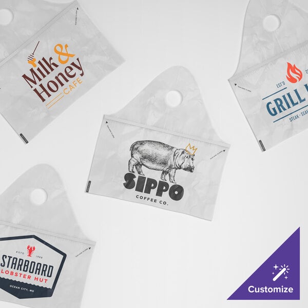A set of customizable white tamper-evident plastic wavetop bags featuring various printed restaurant logos.