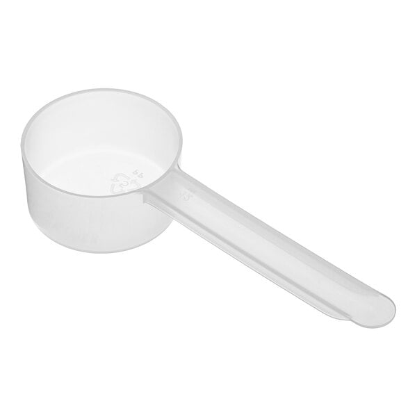 A plastic measuring scoop with a long handle.