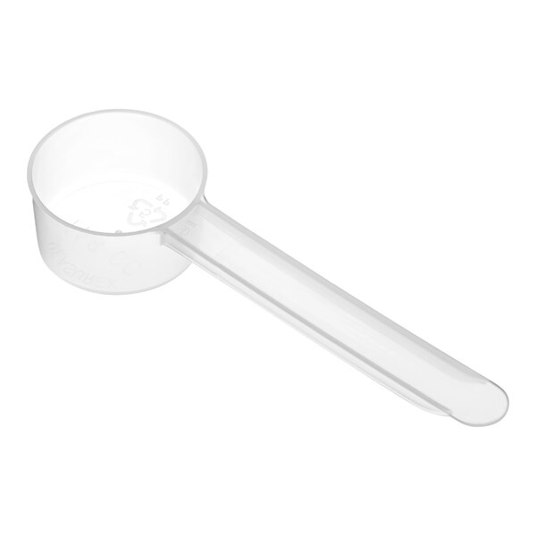 A white polypropylene scoop with a long handle.