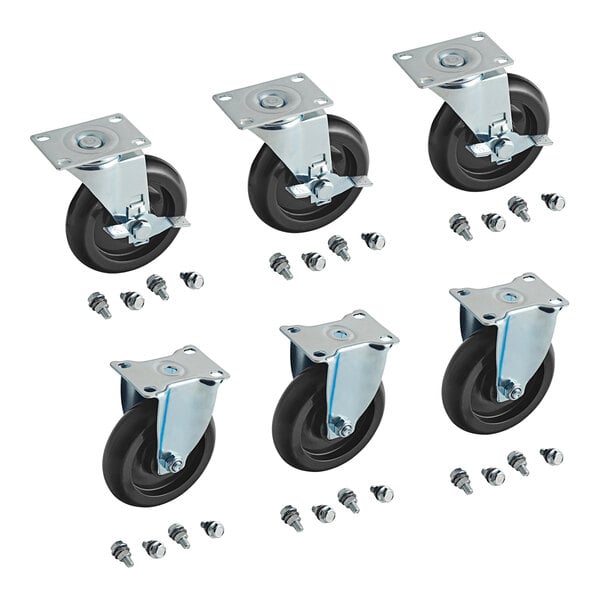 A set of 4 black and metal caster wheels with screws.