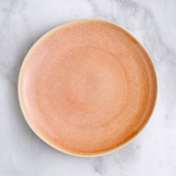 A round, peach-colored china plate with a smooth, coupe design.