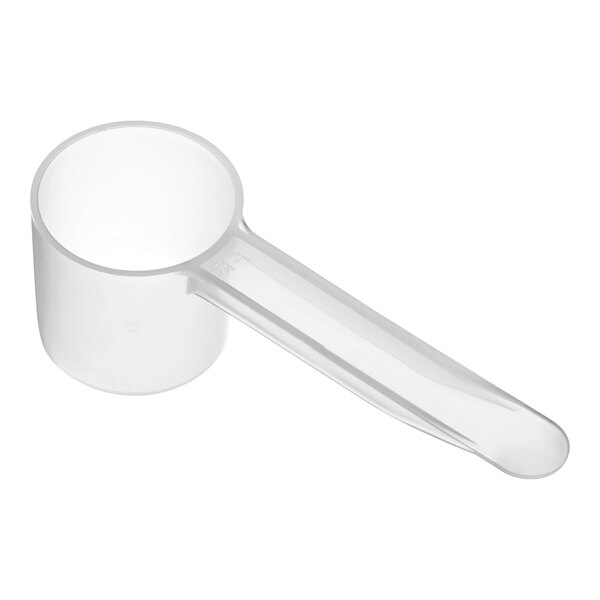 A white plastic scoop with a short handle.
