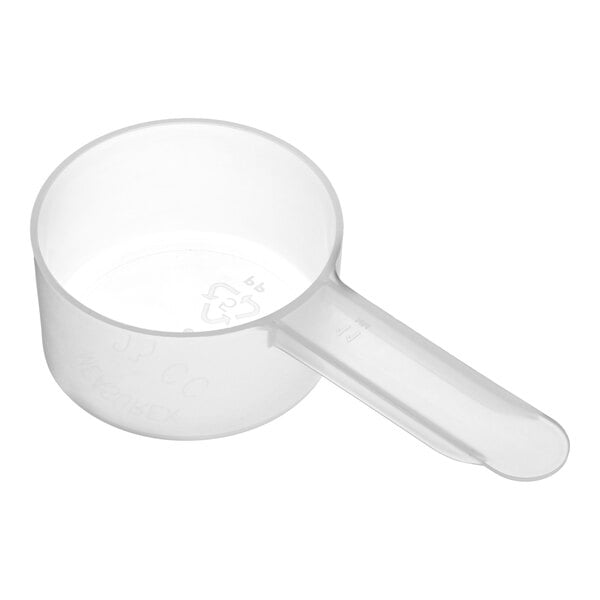 A clear plastic measuring scoop with a medium handle.