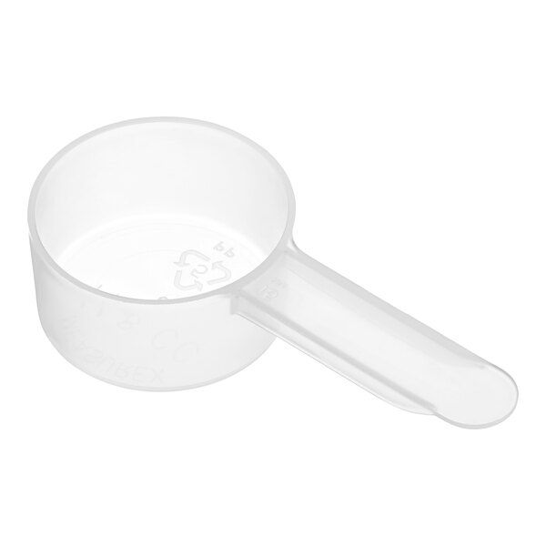 A clear plastic polypropylene scoop with a short handle.