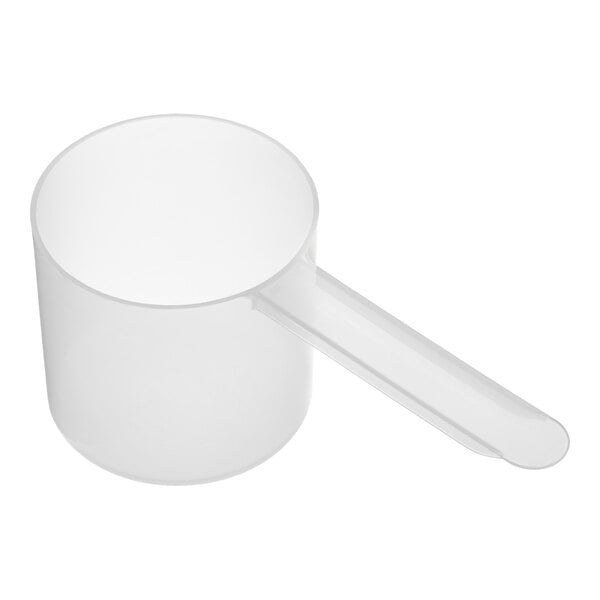 A white plastic scoop with a long handle.