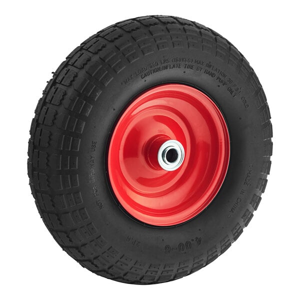 A black tire with a red rim.
