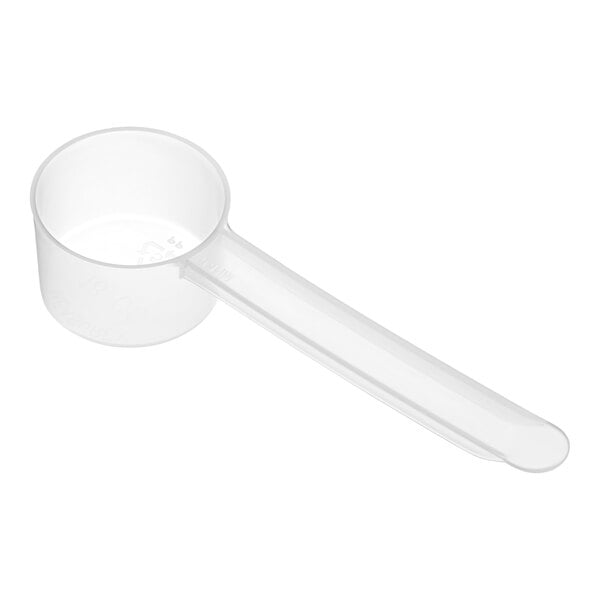 A plastic measuring scoop with a long handle.