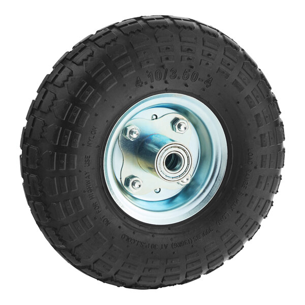A black pneumatic wheel with a silver rim and a blue hub.