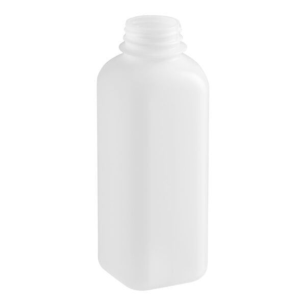A translucent white square HDPE plastic bottle with a cap.