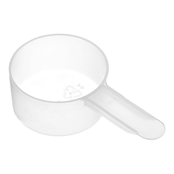A white plastic polypropylene scoop with a short handle.