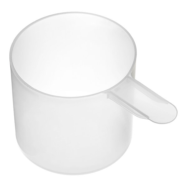 A close-up of a white plastic scoop with a short handle.