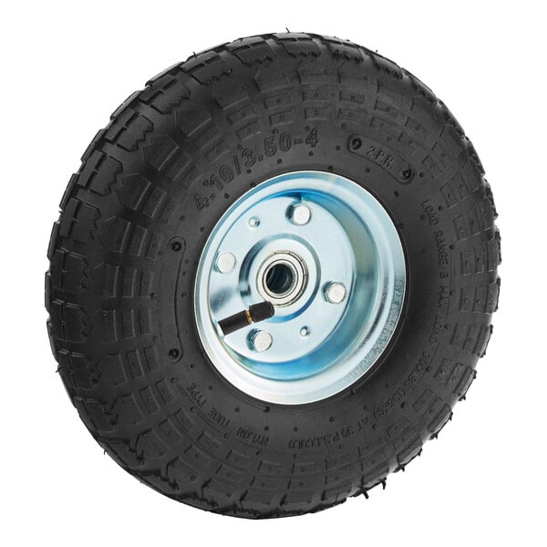 A black tire with a silver rim for a Lavex steel hand truck.
