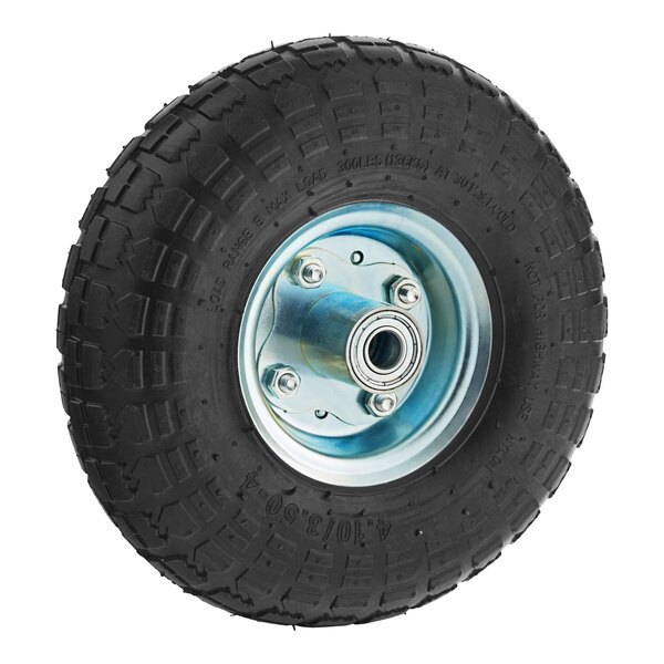 A black tire with a silver rim for a Lavex steel hand truck on a white background.