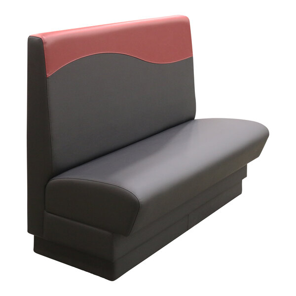 A burgundy wave single back booth with a black frame and red cushion.