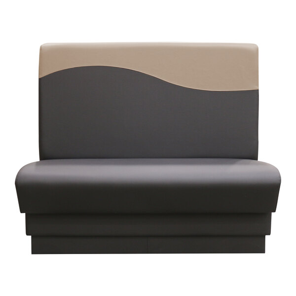 A beige wave single back booth with a grey and tan cushion.