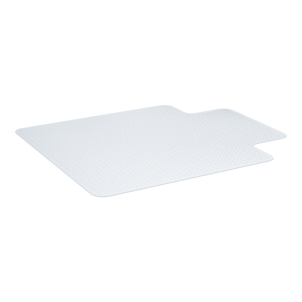 A clear office chair mat with a small square lipped area.